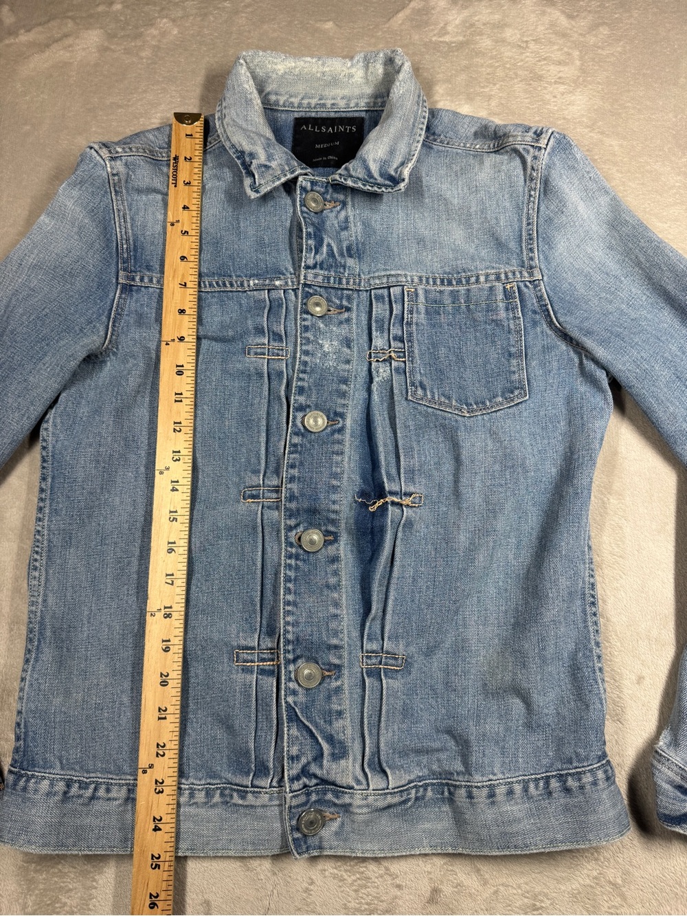 All Saints Men’s 100% Cotton Distressed Denim Blue Jean Button Jacket Size M - Picture 10 of 17